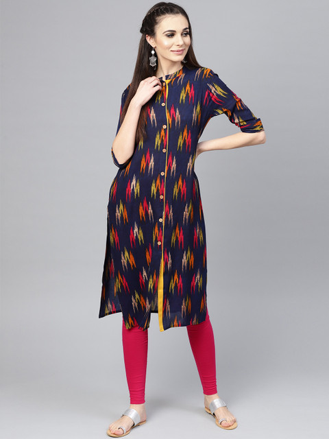 

SOJANYA Women Navy Blue & Pink Printed Straight Kurta