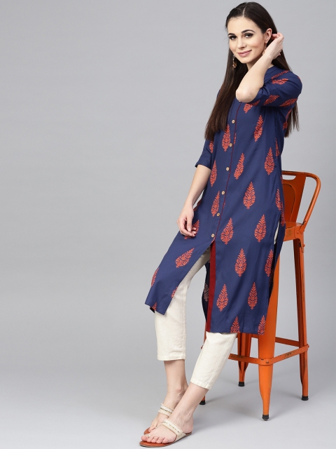 

SOJANYA Women Navy Blue & Orange Printed Straight Kurta