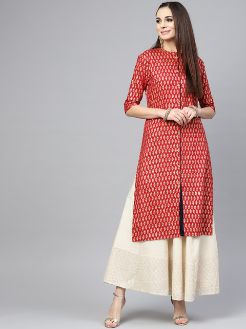 

SOJANYA Women Maroon & Golden Foil Print Straight Kurta