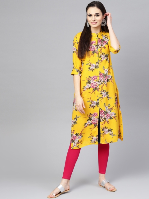 

SOJANYA Women Mustard Yellow & Pink Floral Printed Straight Kurta