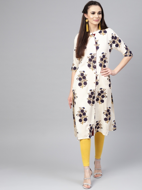 

SOJANYA Women Cream & Navy Blue Printed Straight Kurta