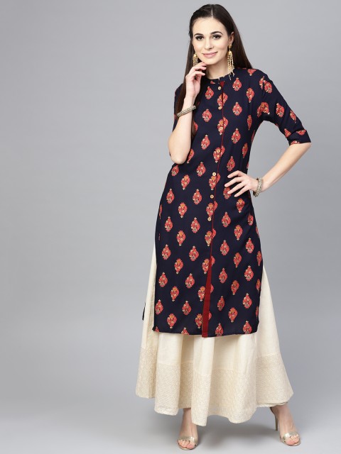 

SOJANYA Women Navy Blue & Coral Pink Printed Straight Kurta