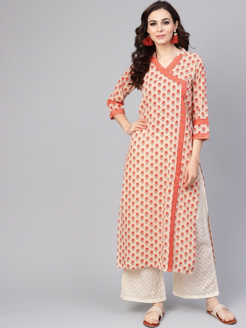 

Yuris Women Beige & Orange Printed Angrakha Straight Kurta