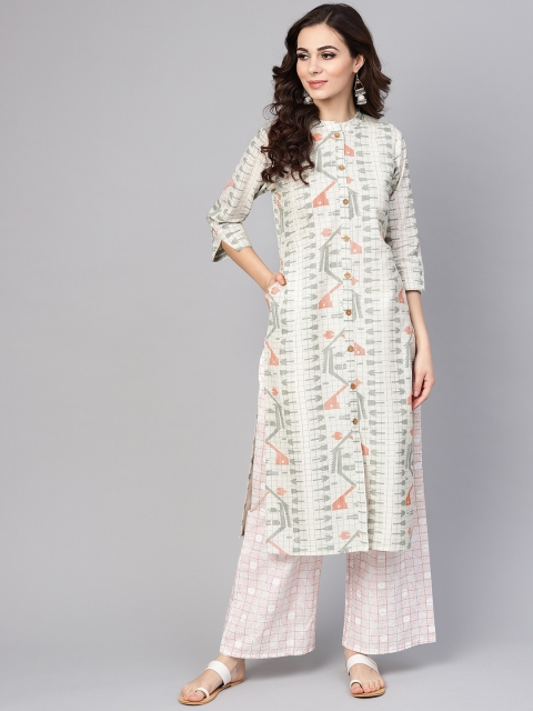

Yuris Women Off-White & Grey Printed Straight Kurta