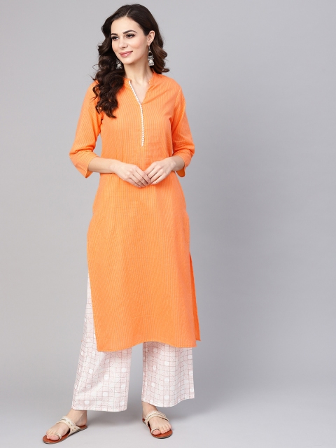 

Yuris Women Orange & White Striped Straight Kurta