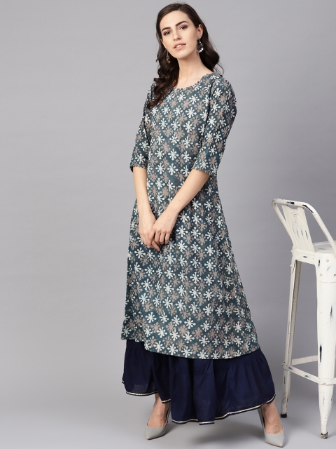 

Yuris Women Navy Blue & Off-White Printed A-Line Kurta