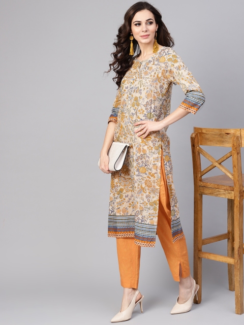 

Yuris Women Beige & Mustard Yellow Printed Straight Kurta
