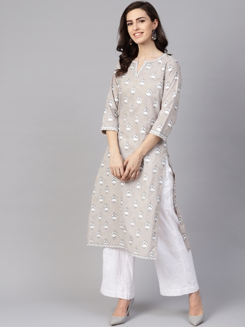 

Yuris Women Grey & White Printed Straight Kurta