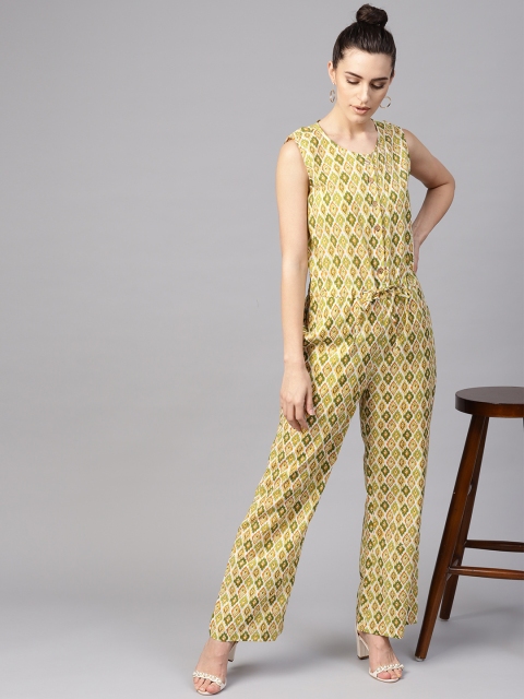 

Yuris Women Green & Mustard Yellow Printed Basic Jumpsuit