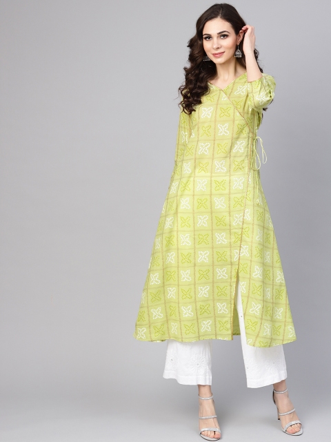 

Yuris Women Green & White Printed Angrakha Straight Kurta