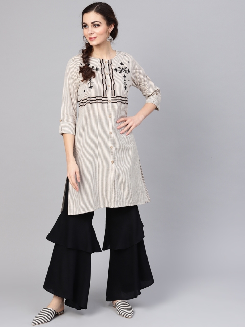 

Yuris Women Beige & Black Striped Kurta with Palazzos