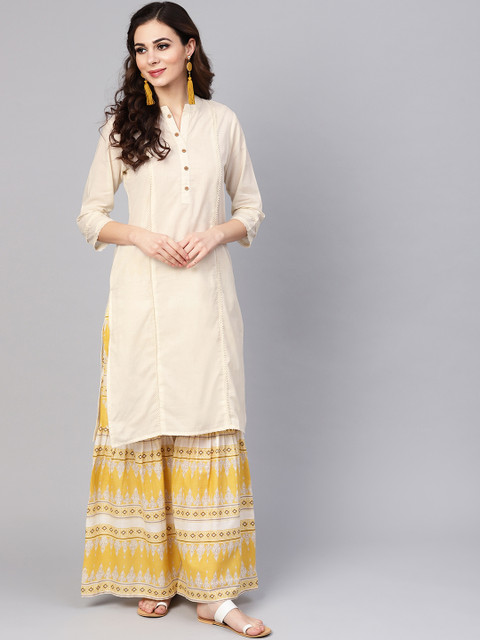 

Yuris Women Off-White & Mustard Yellow Solid Kurta with Palazzos