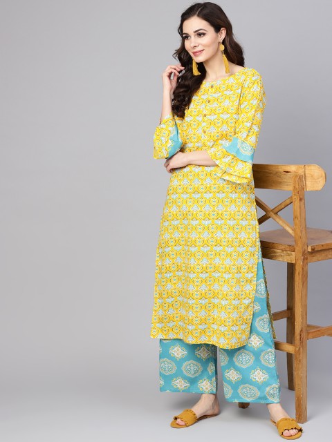 

Yuris Women Mustard Yellow & Blue Printed Kurta with Palazzos