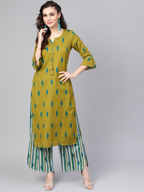 

Yuris Women Olive Green & Blue Printed Kurta with Palazzos