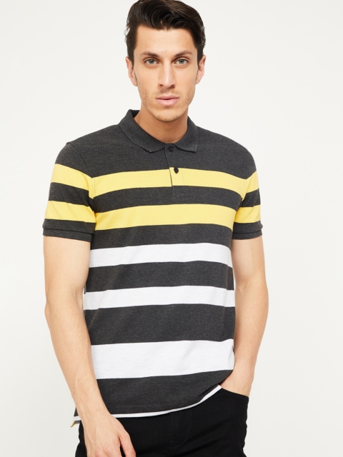 

Fame Forever by Lifestyle Men Black & Yellow Striped Polo Collar T-shirt