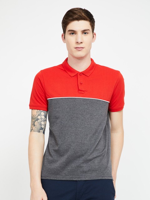 

Fame Forever by Lifestyle Men Red & Grey Colourblocked Polo Collar T-shirt