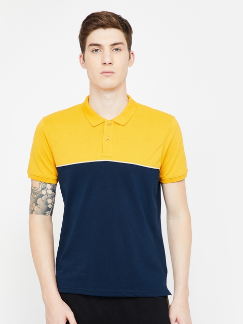 

Fame Forever by Lifestyle Men Yellow & Teal Blue Colourblocked Polo Collar T-shirt