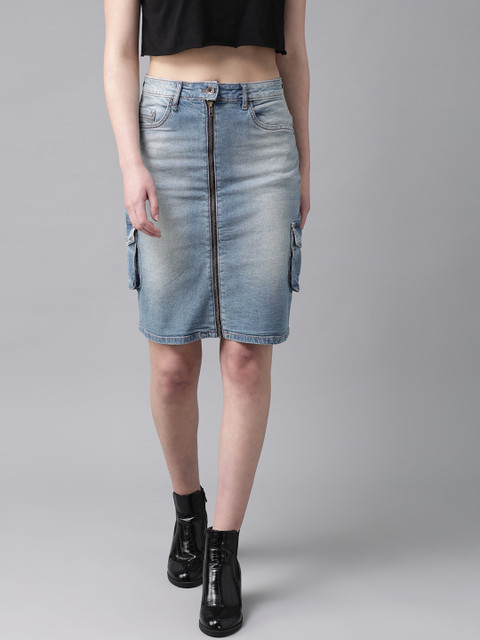 

Roadster Women Blue Washed Denim Straight Skirt