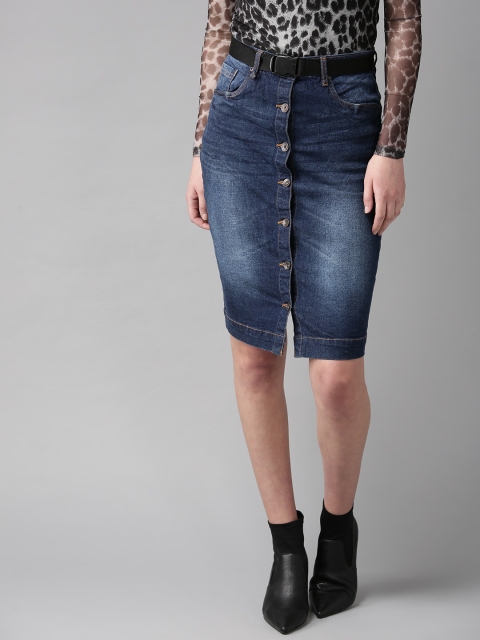 

Roadster Women Navy Blue Washed Denim Straight Skirt