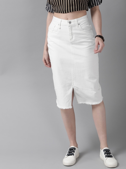 

Roadster Women White Solid Denim Straight Skirt