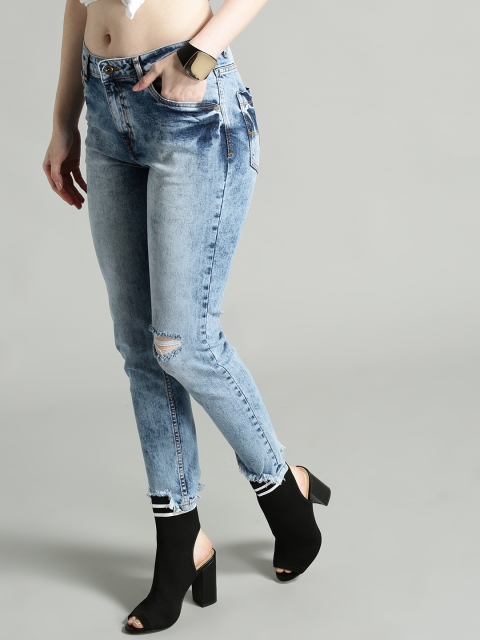 

The Roadster Lifestyle Co Women Blue Skinny Fit Mid-Rise Acid Wash Slash Knee Stretchable Jeans