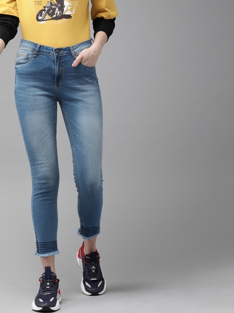 

Roadster Women Blue Skinny Mid-Rise Clean Look Stretchable Cropped Jeans With Fringed Hem