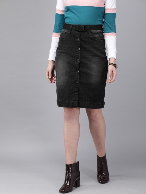 

The Roadster Lifestyle Co Women Black Washed Denim Straight Skirt