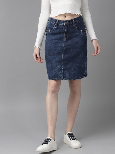 

The Roadster Lifestyle Co Women Navy Blue Washed Straight Denim Skirt