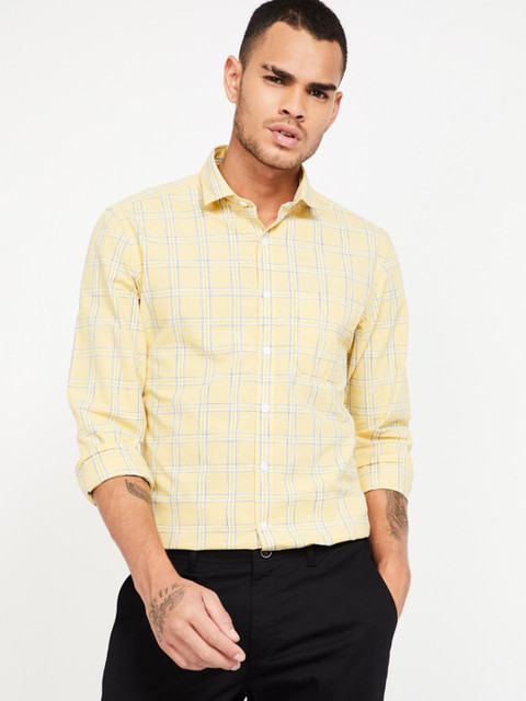 

CODE by Lifestyle Men Yellow & Off-White Slim Fit Checked Casual Shirt