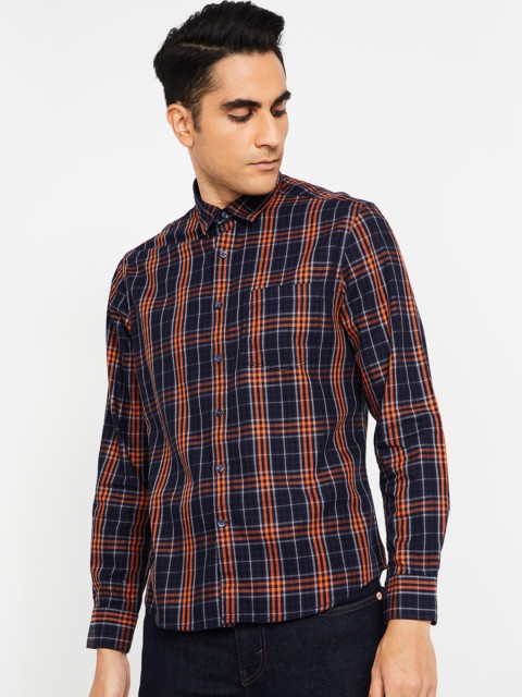 

CODE by Lifestyle Men Navy Blue & Orange Regular Fit Checked Casual Shirt