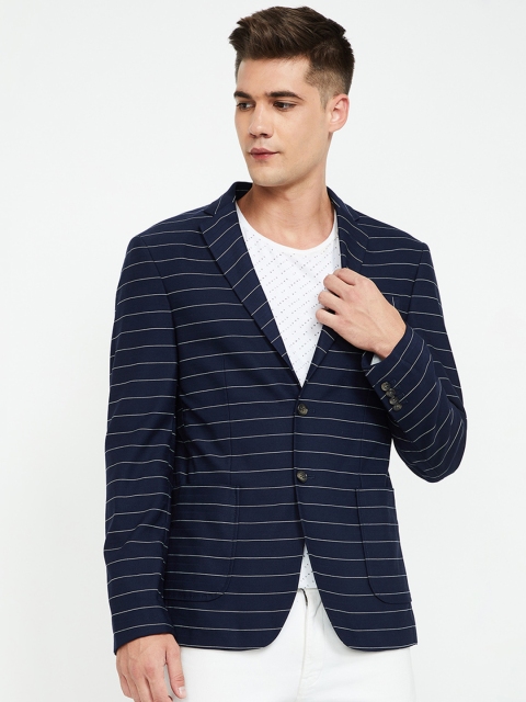 

Code Men Navy Blue Striped Single-Breasted Slim-Fit Casual Blazer