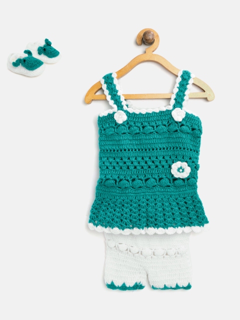 

CHUTPUT Girls Teal Green & White Open Knit Top with Shorts