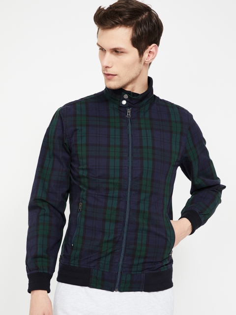 

Bossini Men Navy Blue & Green Checked Bomber Jacket