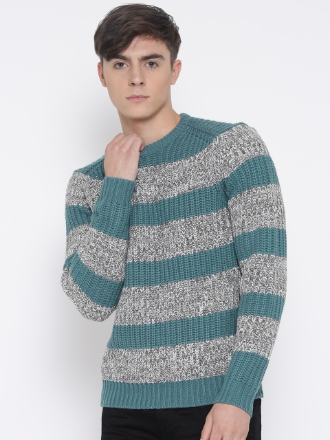 

BLEND Men Teal Blue & Grey Melange Striped Sweater