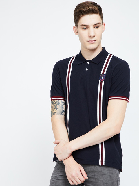 

Bossini Men Navy Blue & White Striped Polo Collar T-shirt