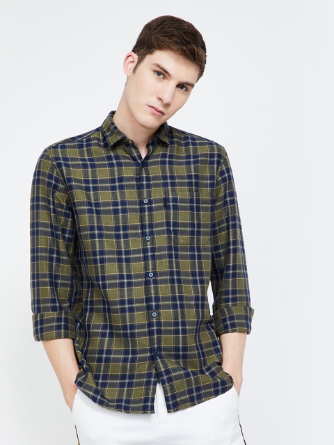 

Bossini Men Olive Green & Navy Blue Regular Fit Checked Casual Shirt