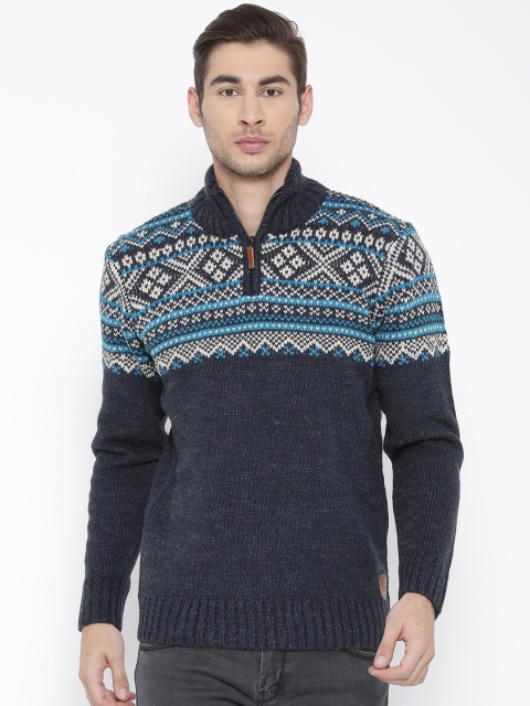 

BLEND Men Navy Blue Self-Design Sweater