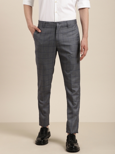 

INVICTUS Men Charcoal Grey & Purple Slim Fit Checked Regular Trousers