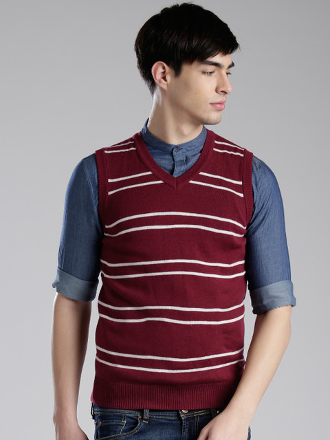 

Levis Maroon Striped Sleeveless Sweater