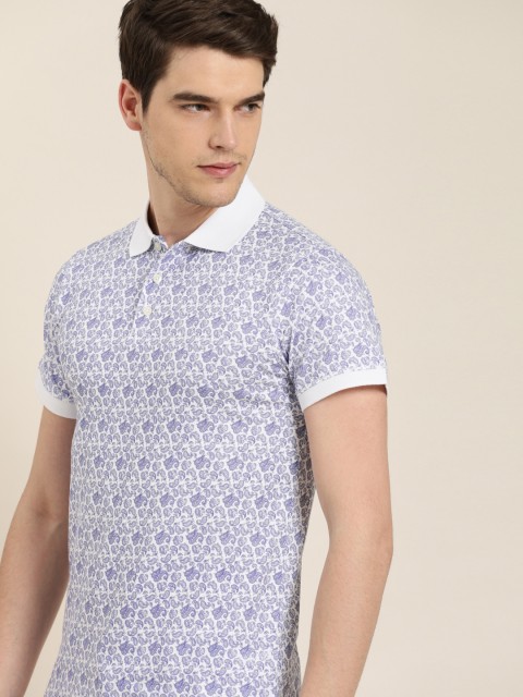 

INVICTUS Men White & Blue Slim Fit Printed Polo Collar T-shirt