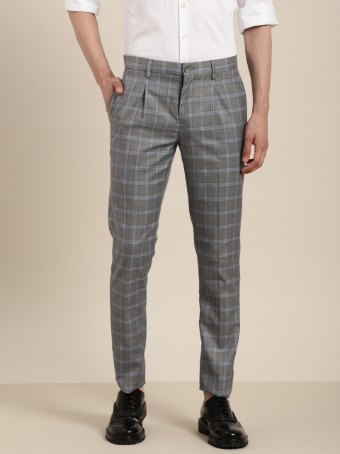 

INVICTUS Men Grey & Blue Slim Fit Checked Regular Trousers