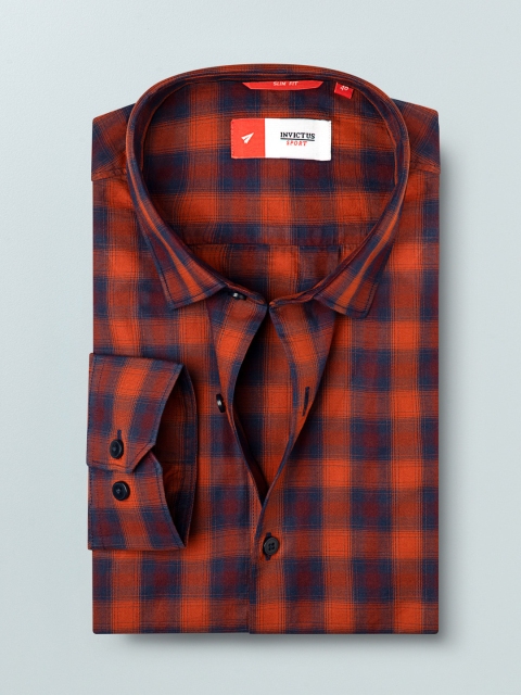 

INVICTUS Men Rust Orange & Navy Blue Slim Fit Checked Casual Shirt