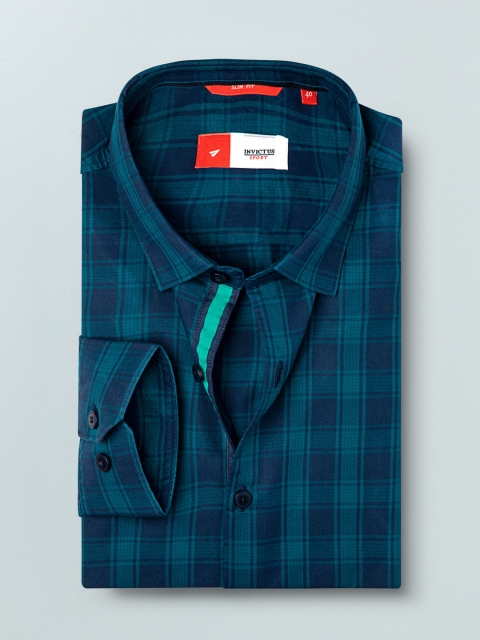 

INVICTUS Men Teal Green & Navy Blue Slim Fit Checked Casual Shirt