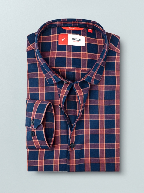 

INVICTUS Men Navy Blue & Peach-Coloured Slim Fit Checked Casual Shirt