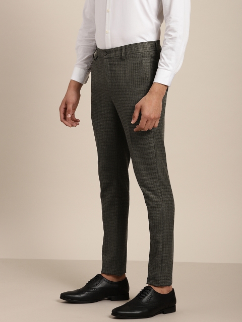 

INVICTUS Men Olive Green & Black Slim Fit Checked Formal Trousers