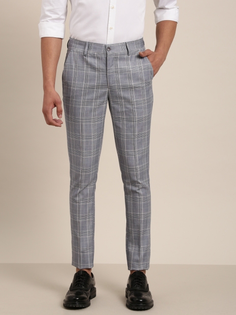 

INVICTUS Men Grey & Blue Slim Fit Checked Regular Trousers