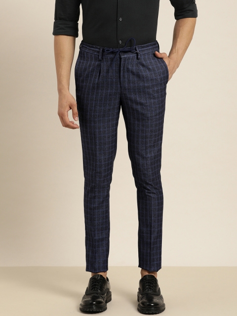 

INVICTUS Men Blue & Black Slim Fit Checked Formal Trousers