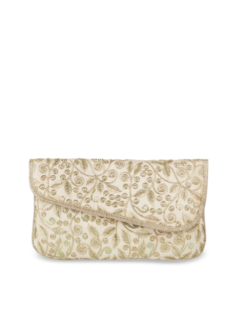

Mochi Off-White & Gold-Toned Embroidered Clutch