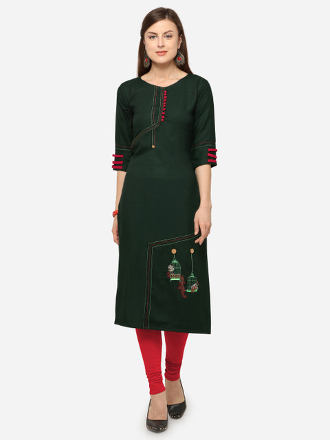 

Kvsfab Women Green Solid Straight Kurta