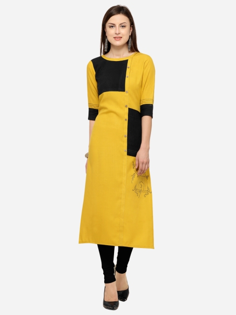 

Kvsfab Women Yellow & Black Colourblocked Straight Kurta